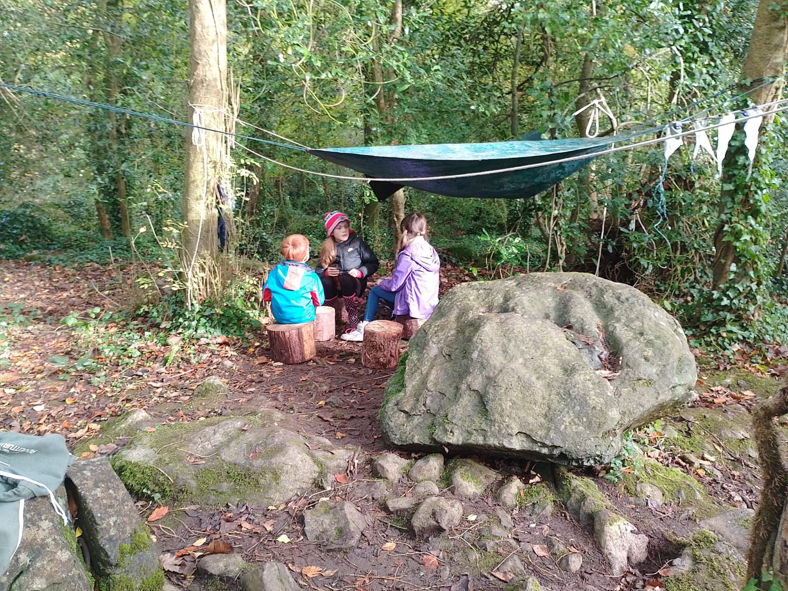 kids playing in autumn leaves at a nature camp
